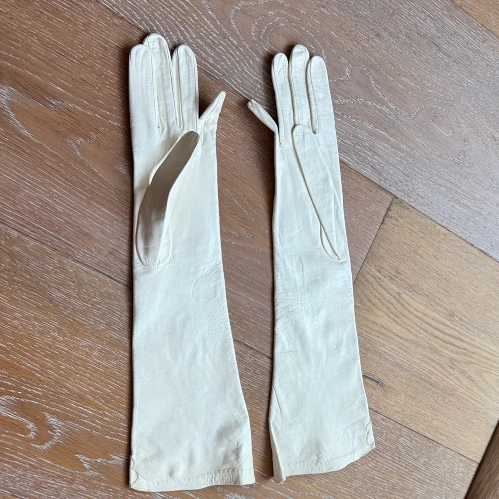 Vintage Kidskin Leather Embroidered Cream Long Gloves
